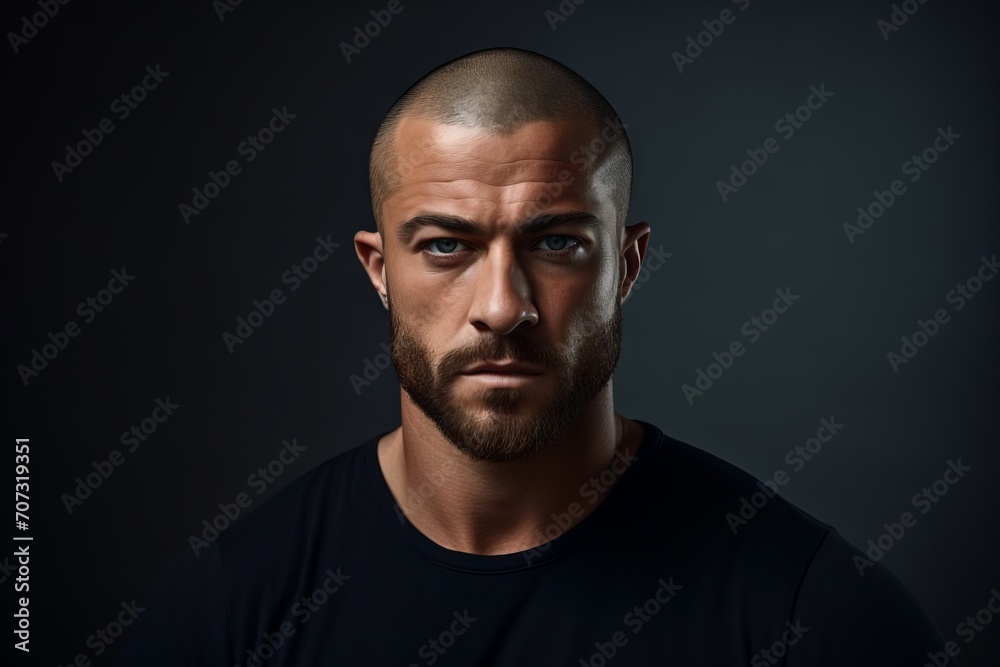 Portrait of a man in a black t-shirt on a dark background Portrait of a man in a black t-shirt on a dark background