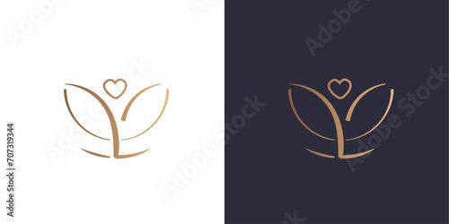 Letter L logo flower and heart monogram, circle, minimal style identity initial logo mark. Golden gradient vector emblem logotype for business cards initials. #707319344