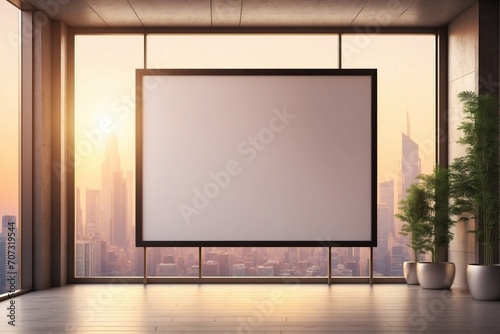 Empty advertising billboard frame on wall in office lobby copy space for mock up design template. ai generative