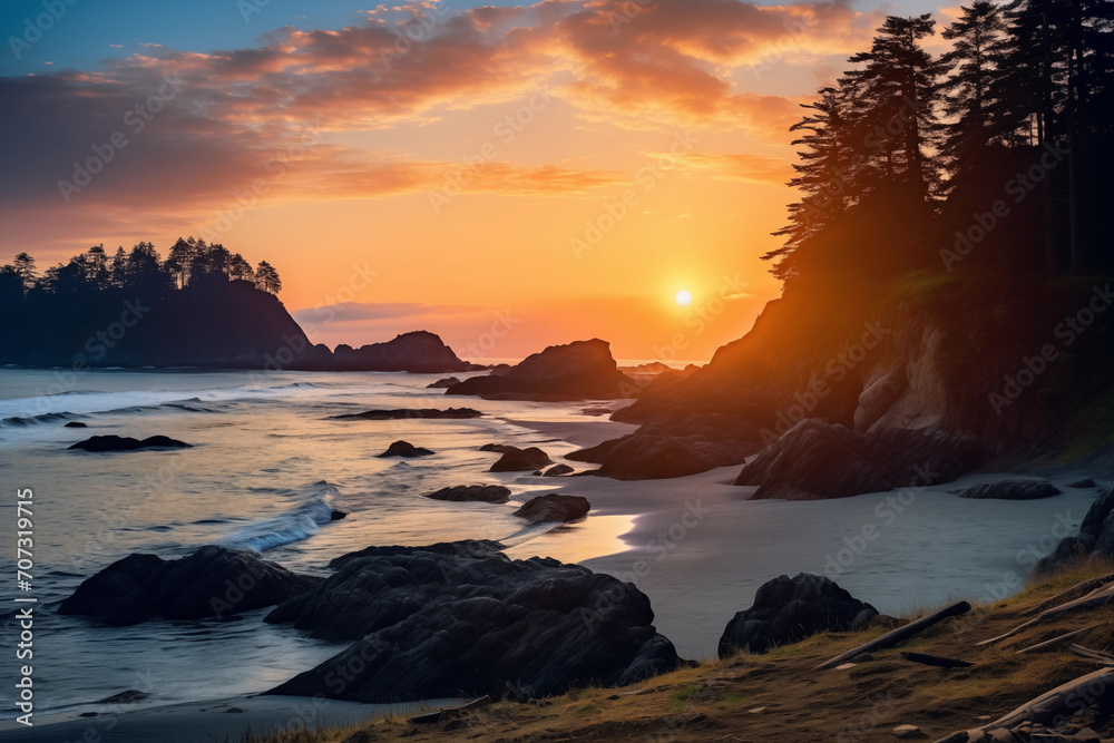 Beautiful sunset at the beach with rocks and trees in the foreground