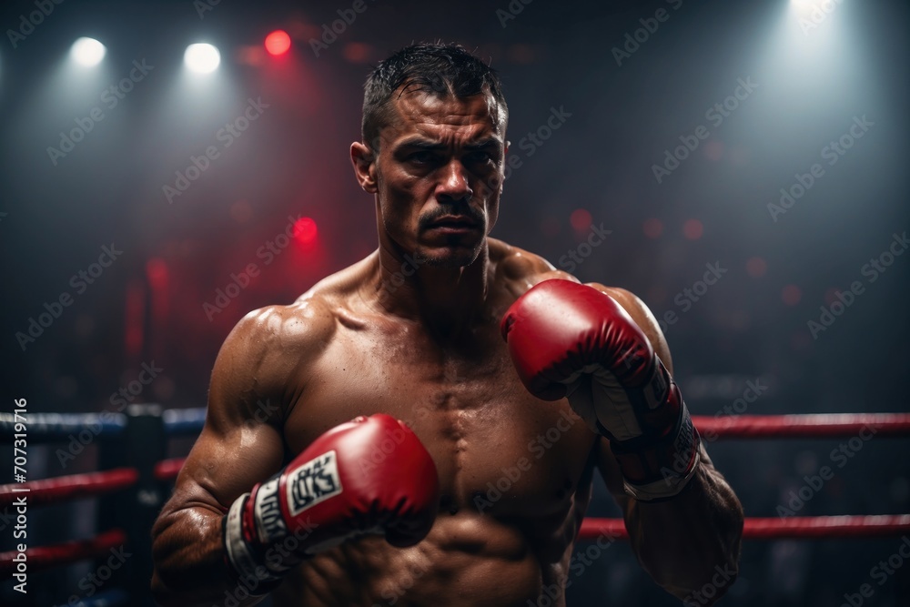 Focused boxer female fighter with red gloves on dark foggy background. ai generative