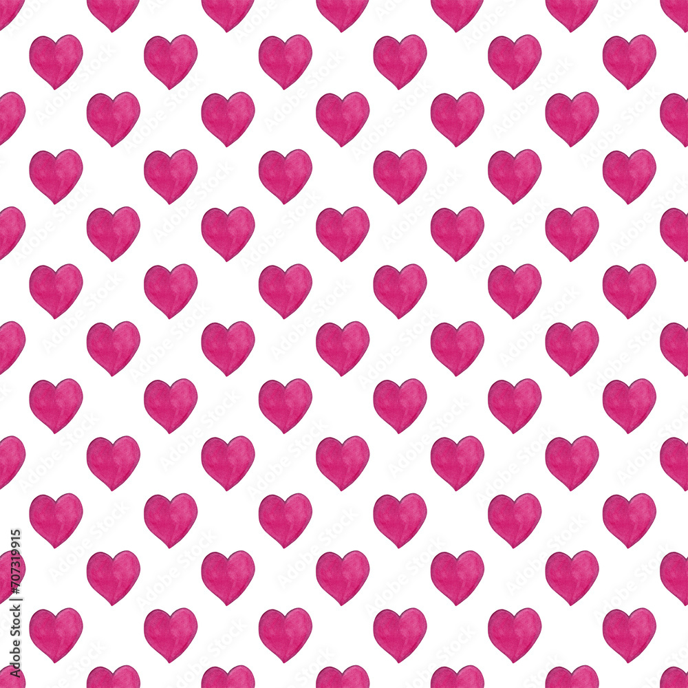 Hot pink hearts in watercolor. Seamless chess pattern