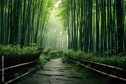 Path paved with natural stone in a bamboo park or forest