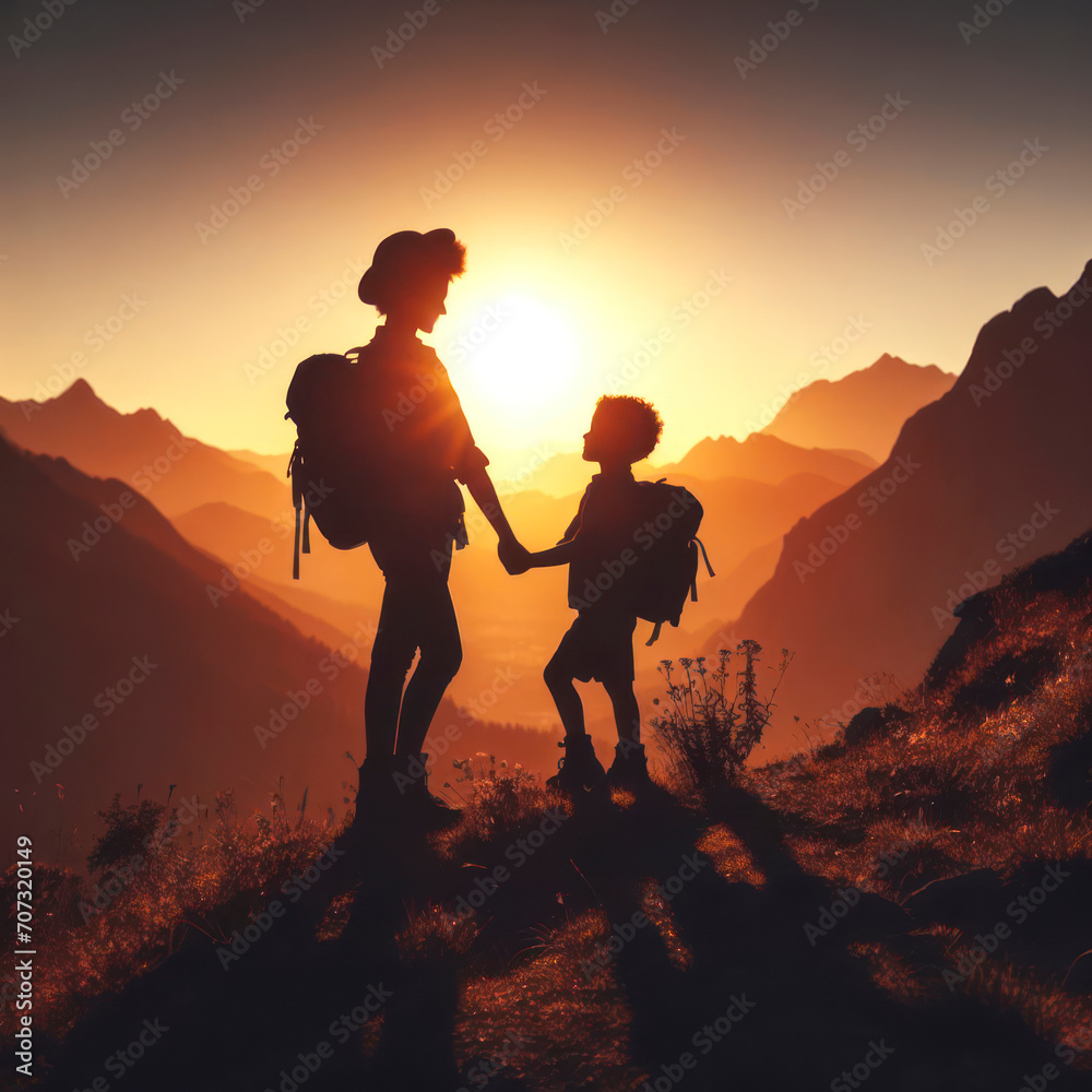 Mother and son hiking in the mountains. ai generative Mother and son hiking in the mountains. ai generative