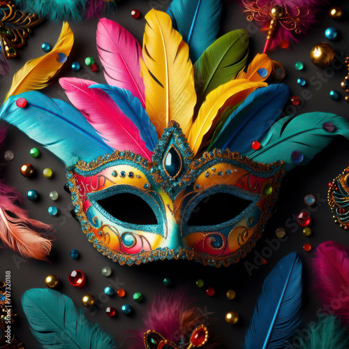 Multicolored carnival mask on solid dark background. ai generative