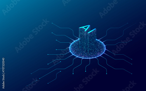 AI 3D hologram chip with digital particles on technology abstract circuit surface. Artificial Intelligence concept with neon light on blue background. Big Data. Futuristic AI tech. Vector illustration