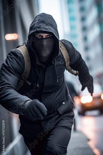 shot of a masked man stealing from the city