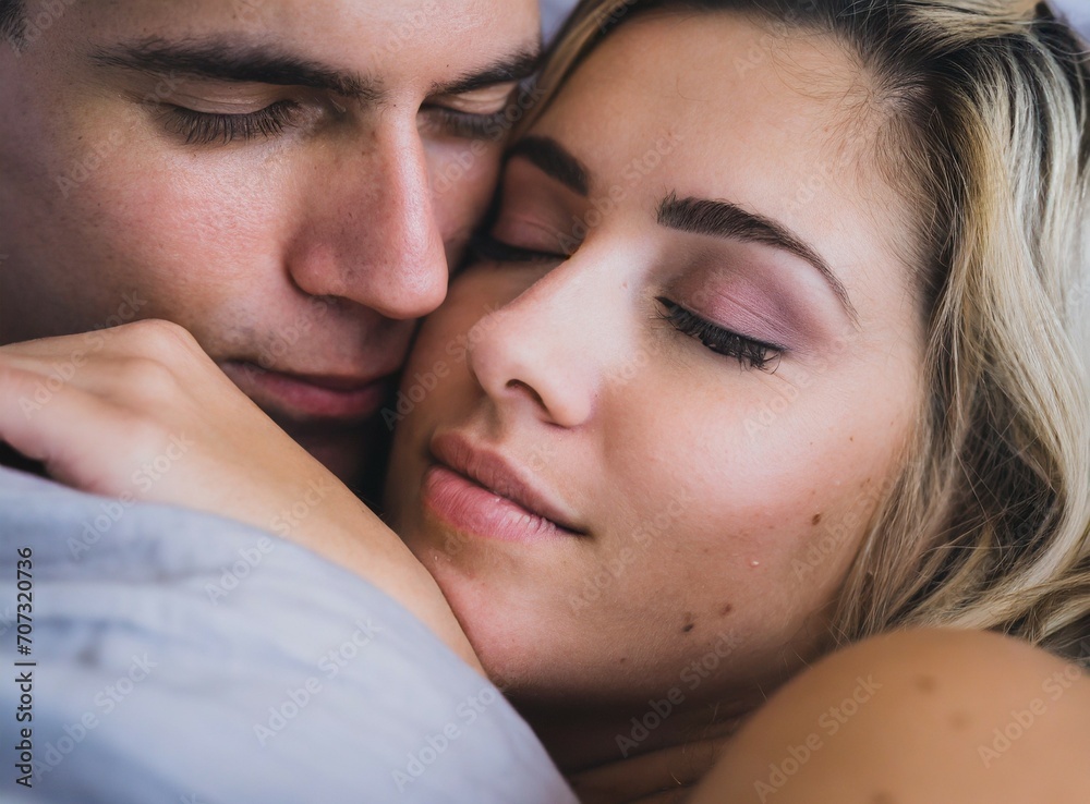 Couple sleep together, hug each other in bed, closeup portrait