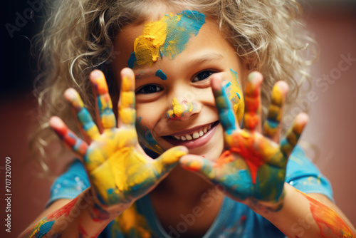 A young girl with curly hair smiles brightly  her hands and face covered in vibrant paint.