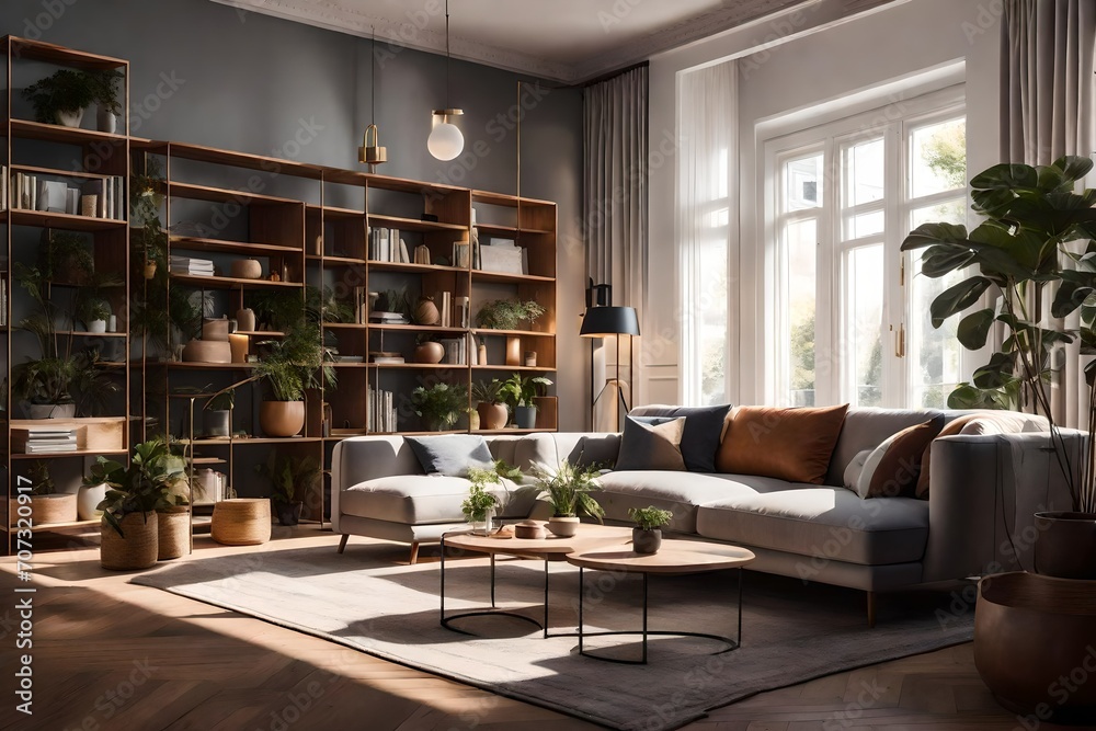 Delve into the sophistication of a Generative AI creation capturing the interior of a light living room. Immerse yourself in the super realistic