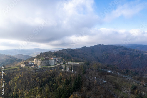 Fototapeta Naklejka Na Ścianę i Meble -  Southern Poland landscape, mountains, autumn, day, sun, sky, clouds, Klodzka Basin, dramatic and majestic scenery