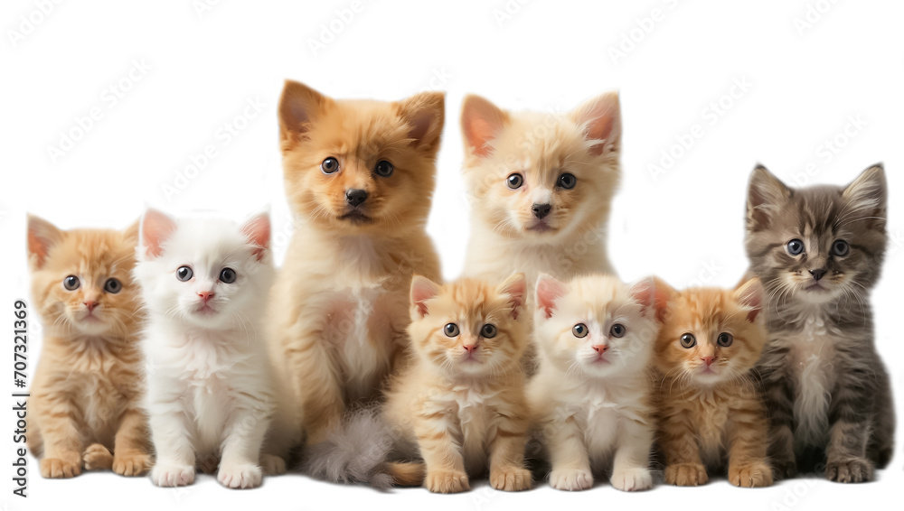 Many different puppies and kittens isolated on a white background cute