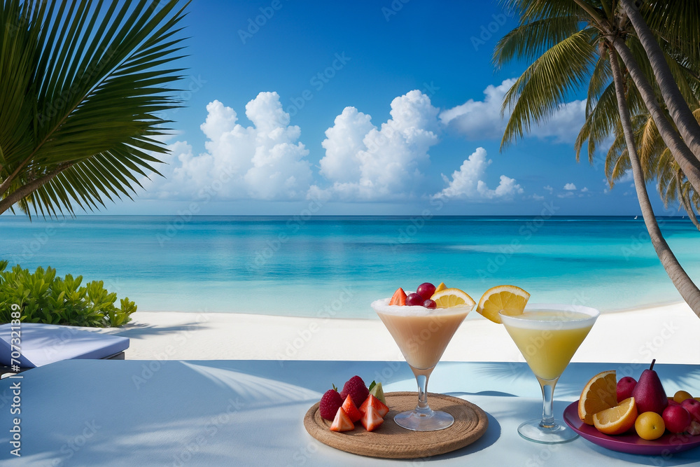 Fototapeta premium Refreshing drinks in glasses and tropical fruits, palm trees, blue sea sky with clouds