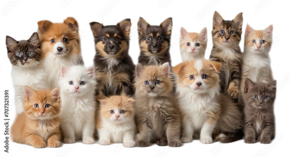 Many different puppies and kittens isolated on a white background sitting