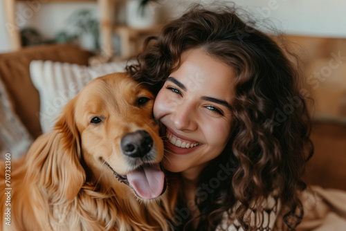 Young adult brunette woman with curly hair with her golden retriever dog in a living room