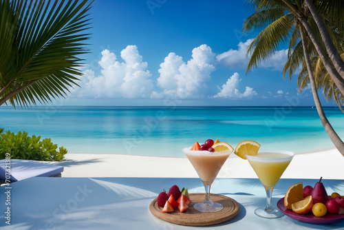 Refreshing drinks in glasses and tropical fruits, palm trees, blue sea sky with clouds © vlarvix