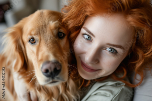 Young adult red hair woman with her golden retriever dog in a living room