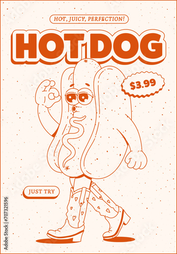 Cool hot dog poster in retro groovy style. Trendy cartoon illustration in a monochrome palette. Maskot for cafe, bar, restaurant.