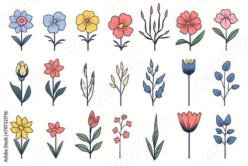 Stylized Botanical Illustrations Vibrant Array of Line-Art Flowers on white background for Creative Design