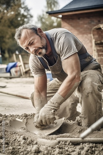 shot of a builder playing with cement while working on house building