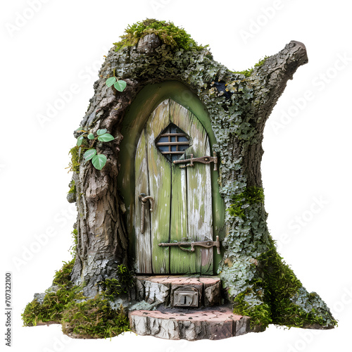 Moss-covered fairy door in a tree isolated on white background, grunge, png
