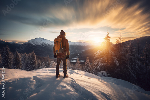 Generative AI back view image of an anonymous man standing in the snow, facing a sunrise over a mountainous landscape, with a focus on the serene beauty of the natural environment photo