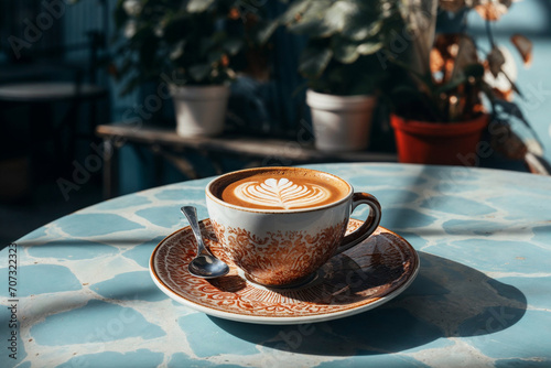 Generative AI illustration of beautifully crafted latte with leaf design art on top served in patterned cup on a matching saucer placed on table photo