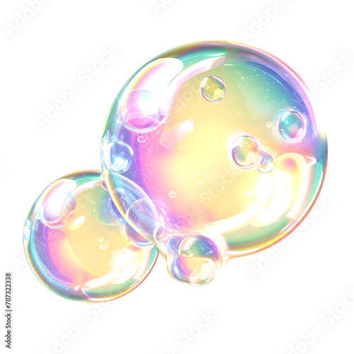 Colorful soap bubbles in sunlight isolated on white background, isometry, png 