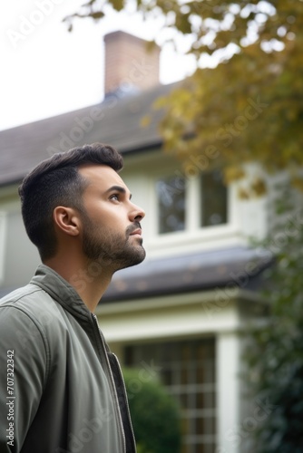 shot of a man looking at the house he has bought