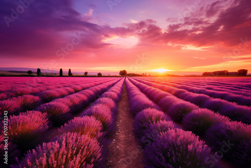 Blooming lavender field against the background of the sunset sky. Landscape in pink and purple tones