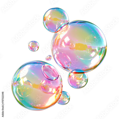 Colorful soap bubbles in sunlight isolated on white background, isometry, png 