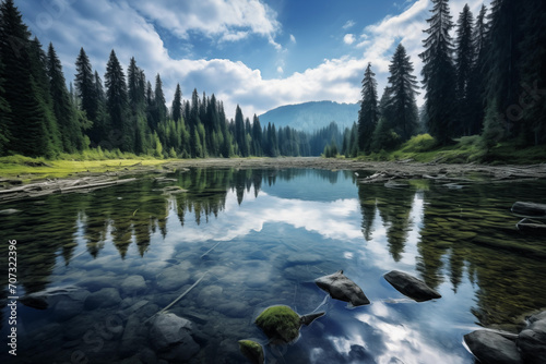 Beautiful mountain lake with clear water and coniferous forest.