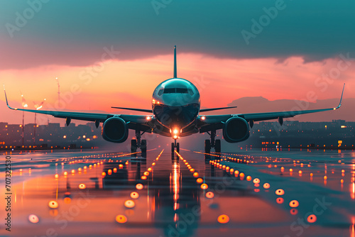 Sunset Takeoff, Airplane on Runway Front View. Generative AI. photo