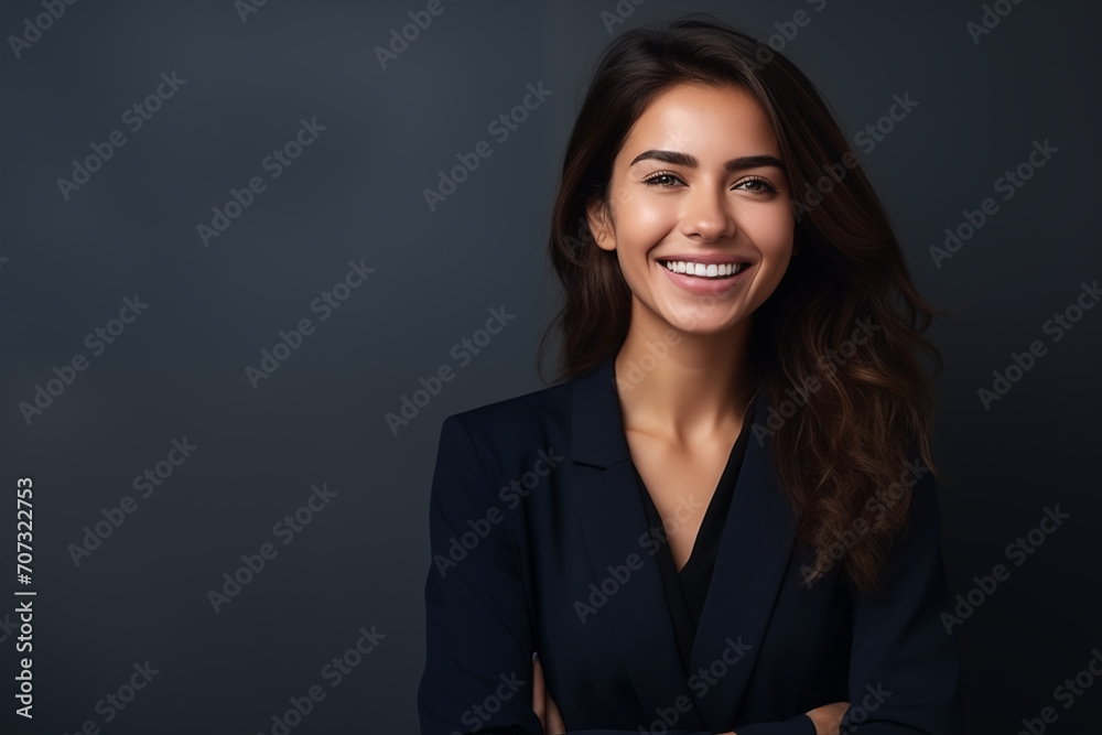 Happy young business woman posing isolated over dark blue wall background. Happy young business woman posing isolated over dark blue wall background.