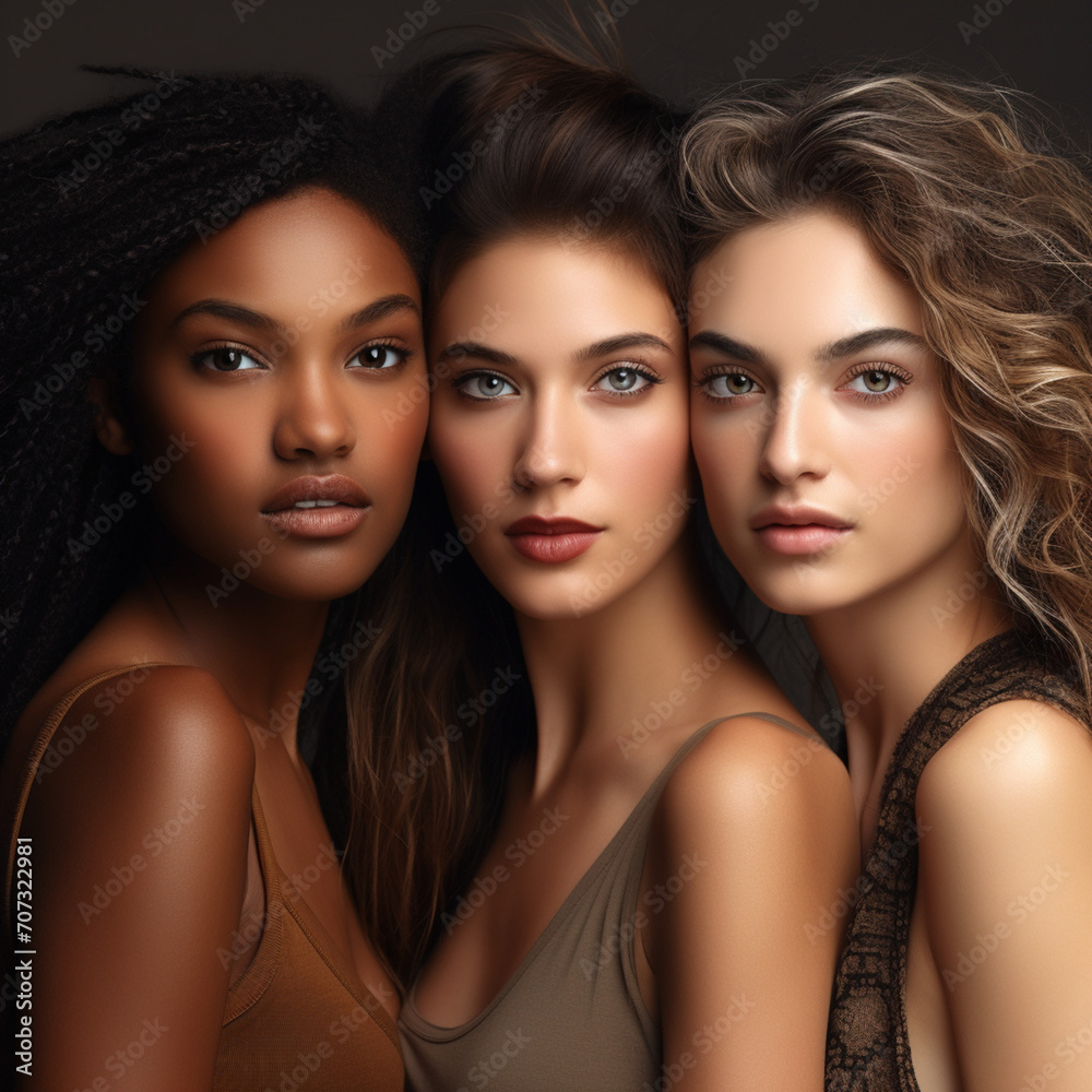 Portrait of three multiracial female models.