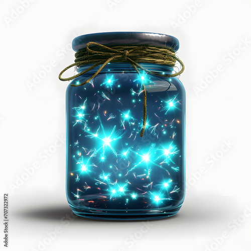 Glow-in-the-dark fireflies in a jar isolated on white background, png
