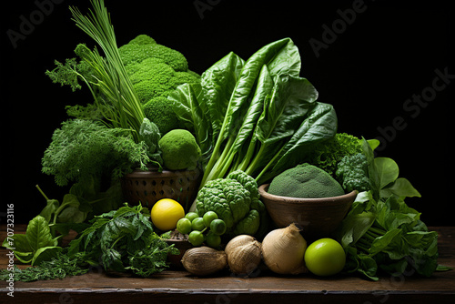 An artful display of assorted leafy greens like spinach, kale, and lettuce, highlighting the rich and varied shades of green in a healthful medley.