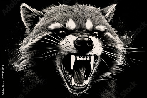Close-up of the head of a raccoon ready to attack roar angry black and white illustrated hand drawn wild animal in monochrome style ai, generative, generative ai photo