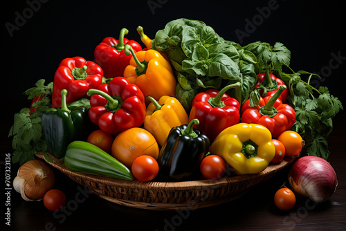 A vibrant arrangement of farm-fresh tomatoes, bell peppers, and cucumbers, showcasing the natural beauty of colorful vegetables.