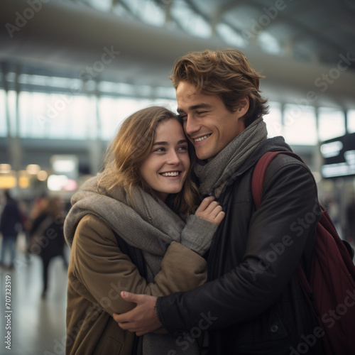 Couple hugging at the airport.