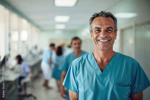 Smiling male nurse with colleagues in hospital corridor. Generative AI image photo