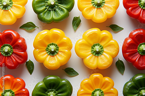 A visually captivating scene of sliced bell peppers, presented in a geometric pattern against a plain background, embracing the essence of minimalism.
