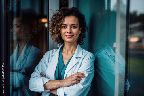Confident female doctor posing with crossed arms. Generative AI image photo