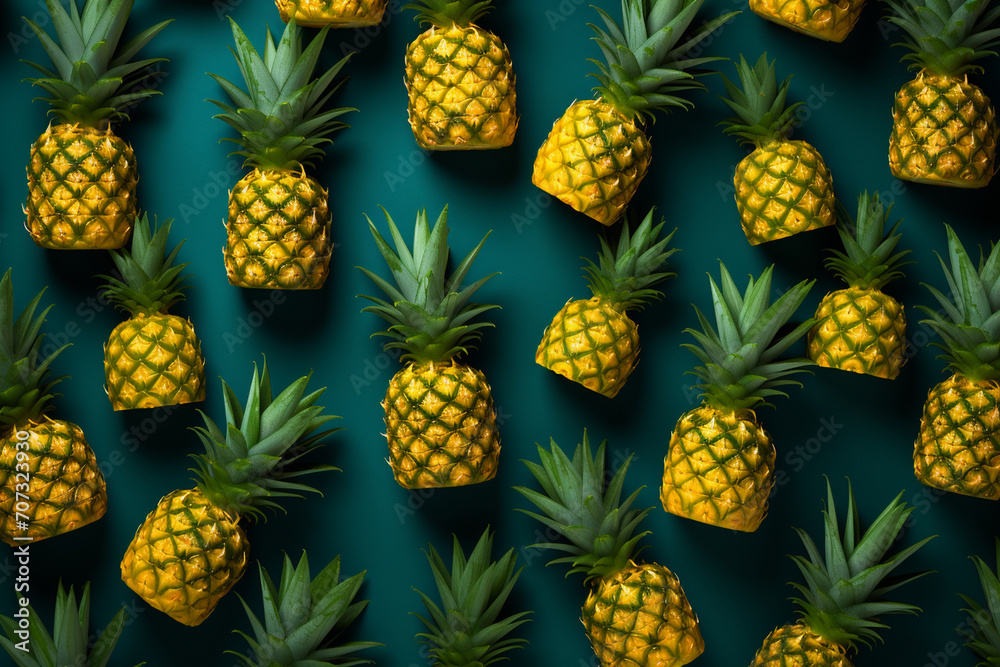 A minimalist portrayal of pineapple chunks, arranged in a visually striking pattern to showcase the fruit's tropical appeal against a calm background. A minimalist portrayal of pineapple chunks, arranged in a visually striking pattern to showcase the fruit's tropical appeal against a calm background.