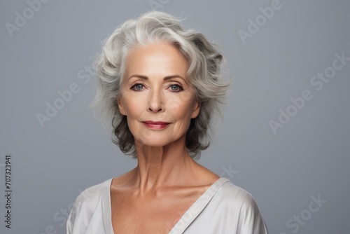 Smiling senior woman with grey hair. Portrait of beautiful mature woman with grey hair.