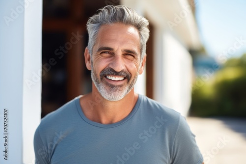 Portrait of a handsome mature man smiling at the camera outdoors.