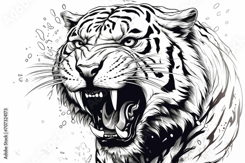 Close up of the head of a snow white tiger angry ferocious and mean ready to attack roar angry black and white illustrated hand drawn wild animal in monochrome style ai, generative, generative ai photo