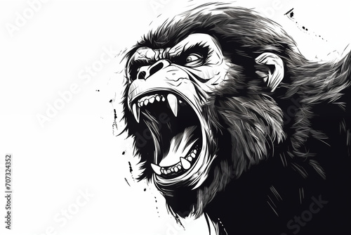 Close up of the head of a monkey ape angry ferocious and mean ready to attack roar angry black and white illustrated hand drawn wild animal in monochrome style ai, generative, generative ai photo