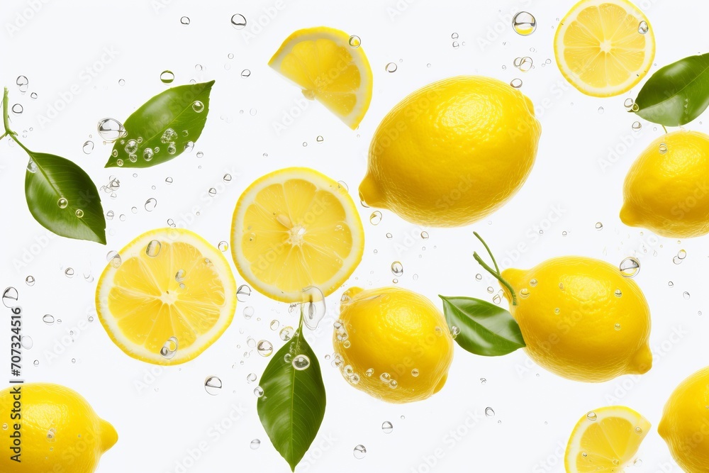 lemons on a white background. juicy citrus yellow fruits with green leaves. lemons on a white background. juicy citrus yellow fruits with green leaves.