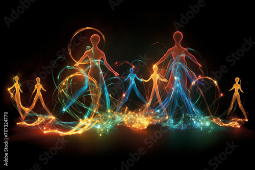 Abstract multi-colored luminescent silhouettes of dancers on a black background. Fractal of human body with fire flames photo